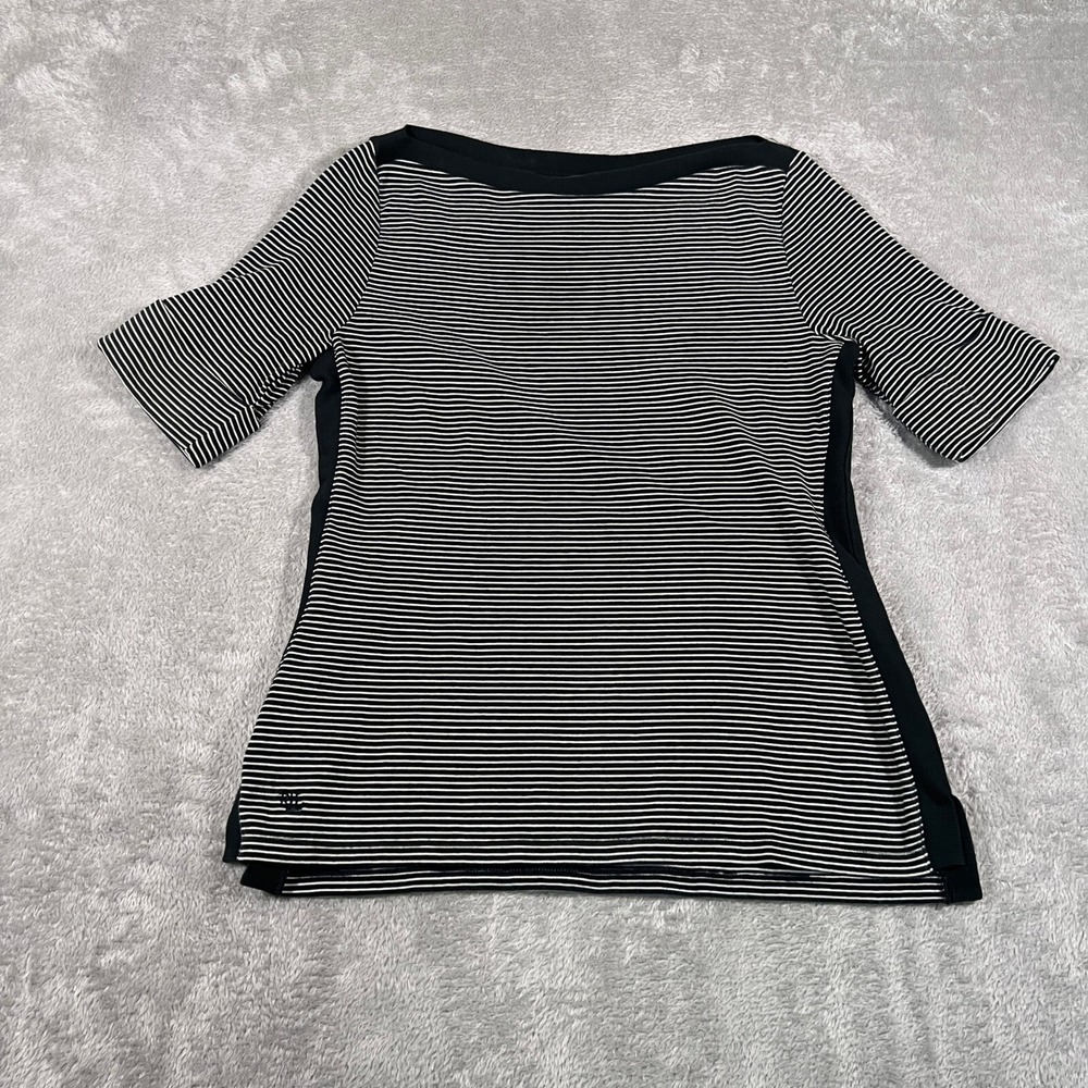 Lauren Ralph Lauren‎ Top Womens PM Black White Striped Boat Neck Short Sleeve
